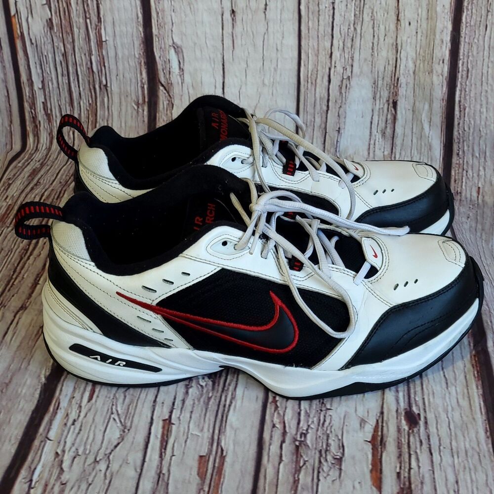 Nike Air Monarch 13 Men's Low Top Leather Lace-Up Sneakers White/Black/Red